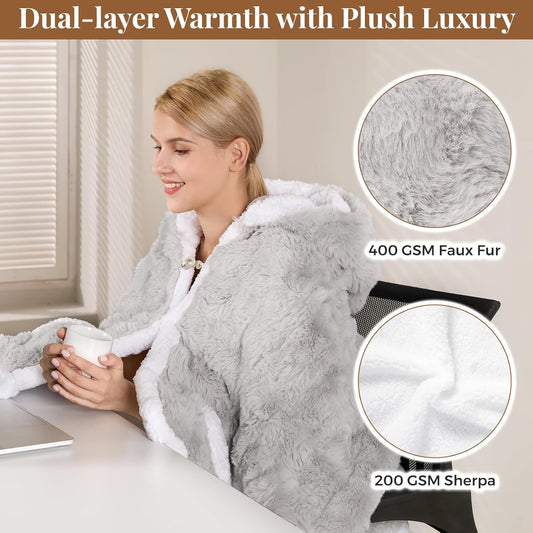 Wearable Heated Blanket Hoodie, Luxury Faux Fur & Sherpa Electric Throw Blanket, Heated Shawl Wraps Poncho with Pockets for Women Men, 3 Heat Levels & 12H Timer, ETL & FCC Certified 40"x70" Light Grey