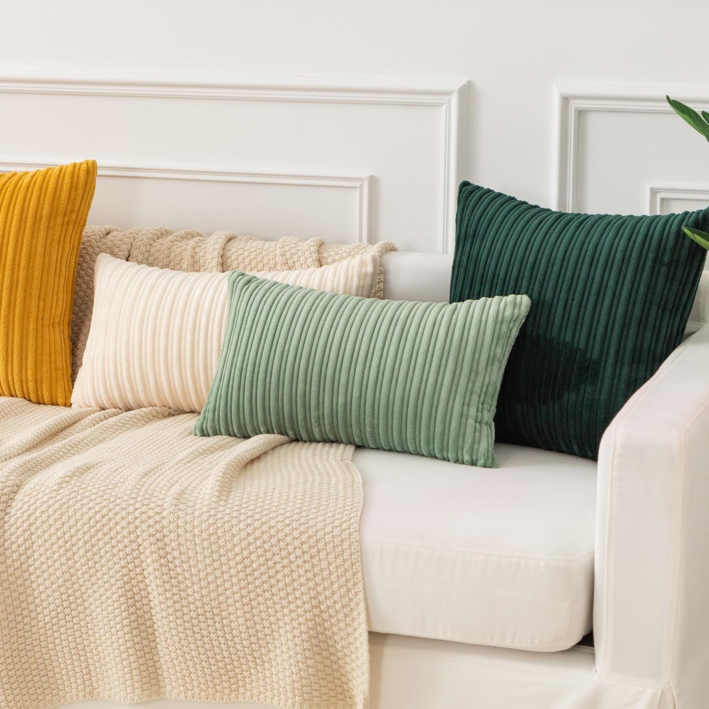 Kevin Textile Set of 2 Oblong Pillow Covers Christmas Plush Striped Corduroy Velvet Rectangular Lumbar Throw Pillow Case 12x20 Cushion Cover for Chair, 30 x 50cm, Creamy White