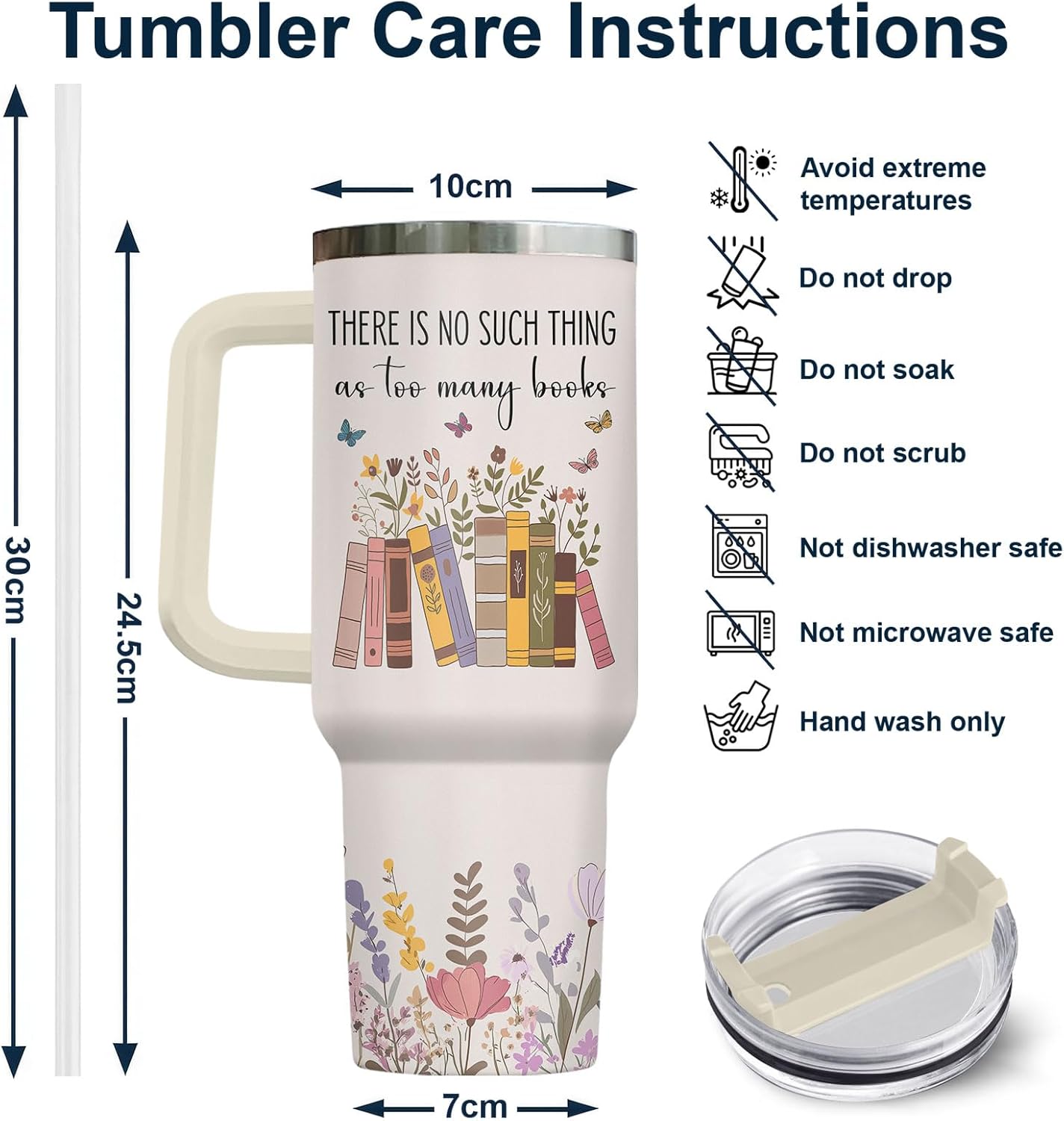 34HD Book Lover Tumbler 40oz with Handle and Straw, So Many Books So Little Time Girl Reading Vacuum Insulated Bookworm Mug, Bookish Gifts for Readers, Librarians & Booknerds