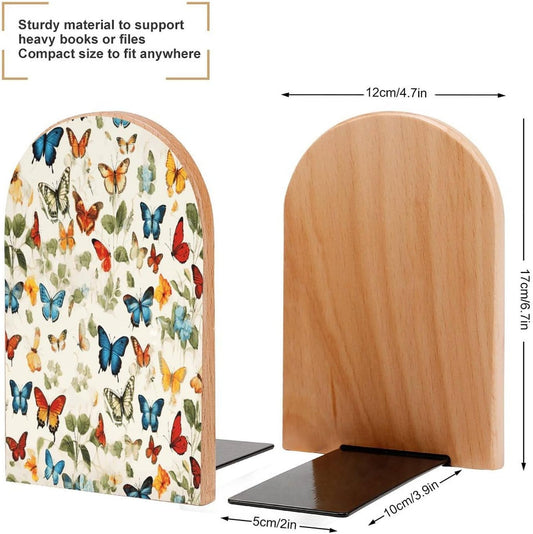 Vintage Butterfly Wooden Bookend Non-Slip Book Ends Heavy Duty Book Stopper with Metal Base Books Holderd Decorative Bookends Stands Firmly for Office Supplies
