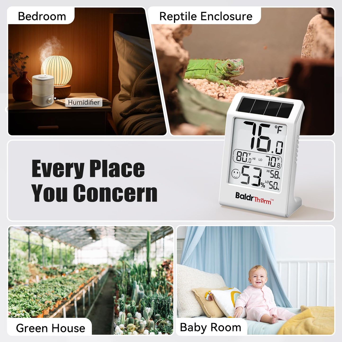 BaldrTherm Room Thermometer Indoor Humidity Meter, Solar-Powered 3.2'' Digital Temperature Sensor Monitor with Max/Min Reading, Comfort Indicator for Baby Room, Home, Office, White, 3Pack