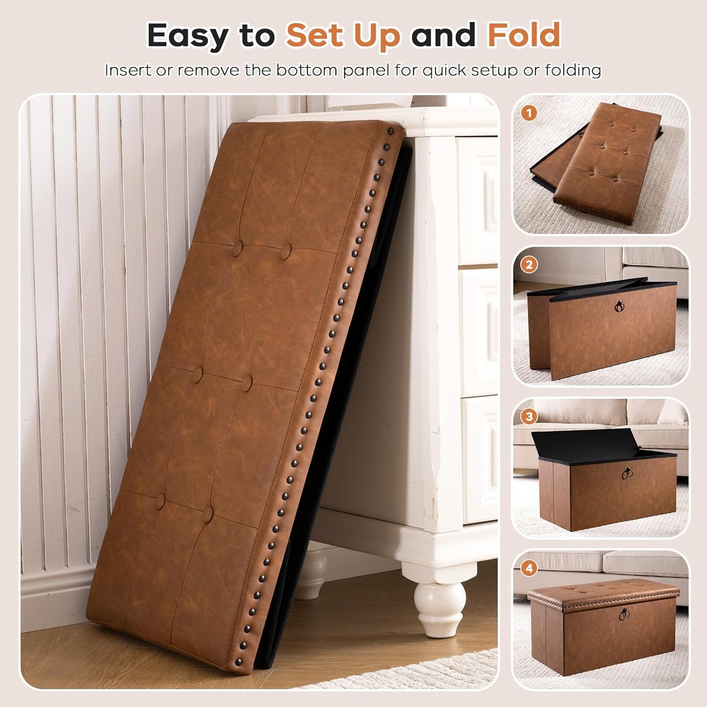 30 Inches Folding Storage Ottoman Bench, Ottoman PU Leather Tuffed End of Bed Bench, Foot Rest with Rivet Design, Ottoman with Storage, Load 330 lb, for Living Room, Bedroom, Entryway, Brown