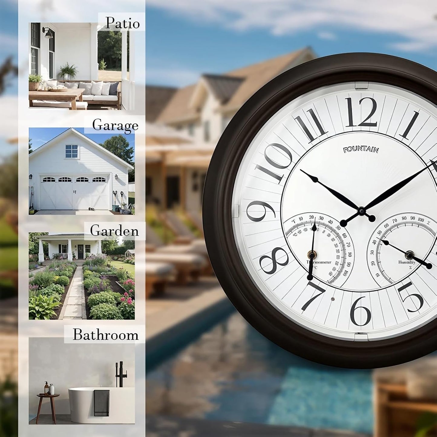 18 Inch Illuminated in/Outdoor Clock with Smart Sensor and Night Light, Waterproof, Large Wall Clock with Thermometer & Hygrometer for Patio,Pool and Garden Decor,Oil Rubbed Bronze