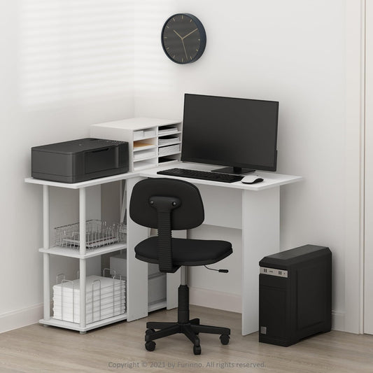 Furinno Abbott L-Shape Desk with Bookshelf, 41.14 (W) x 28.94 (H) x 34.45 (D) inches, White/White