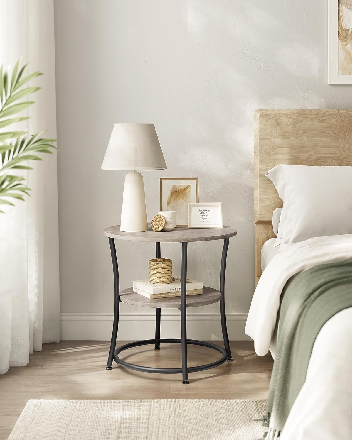 VASAGLE 21.7-Inch Round Side Table, 2-Tier End Table, Nightstand with Steel Frame, Spacious Top, for Small Spaces, Living Room, Bedroom, Heather Greige and Ink Black ULET56BG | 2 Storage Shelves, Living Room, Bedroom, Nightstand, Small Spaces, Accent Coff