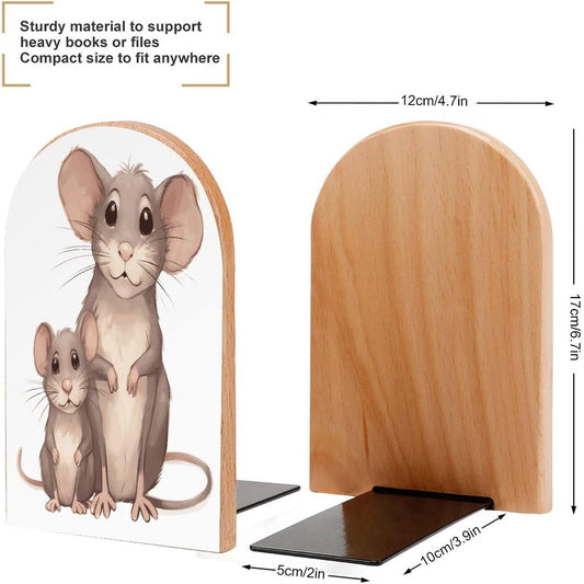 Non-Slip Bookend for Shelves Mother and Child Rats Wooden Bookends with Metal Base Decorative Book Stopper for Home Heavy Duty Wood Book Storage for Books/CDs