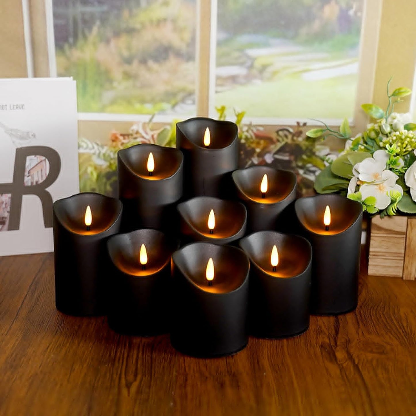 Flameless Candles with Remote Timer, Battery Operated Realistic Flickering LED Candles, 9 Packs Fake Candles for Home Decor (D3 x H 3" 4" 5" 6" 7") (Black)
