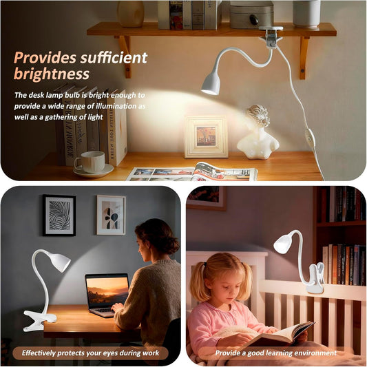 Desk Lamp for Home Office - Clip on Reading Light and Bed Headboard Clamp Lamp, Bedside Gooseneck Table Lamp, Clip on Desk Lamps, Eye-Caring Desk Lamp for College Dorm Room Study Lamp, White
