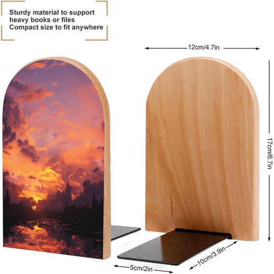 Sunset at Dusk Bookend for Shelves Wooden Book End Large Size Sturdy Book Holders Stoppers with Metal Base for Bookshelves Slick Decorative Bookends Stands