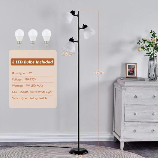 Modern Tree Floor Lamp for Living Room Bedroom, Tall Pole Standing Lamps with 3 Adjustable Rotating Heads for Office, Decor Corner, Reading Indoor, 3 Bright Lights LED Bulbs Included (Black)