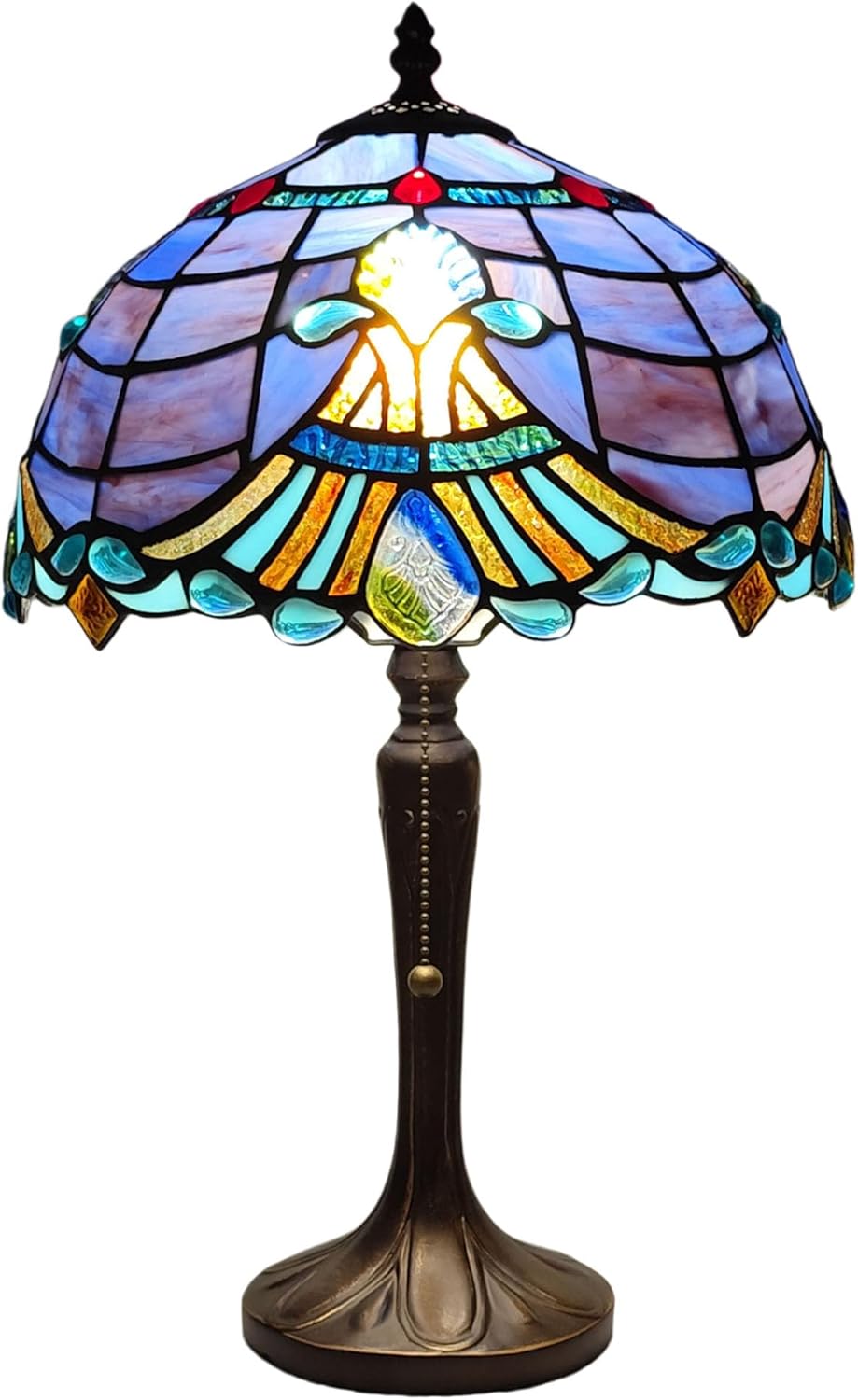 Tiffany Table Lamp Purple Baroque Style Stained Glass Lamp 3 Color Temperature 12 Inch Antique Desk Light Handcrafted Light for Bedroom Living Room Home, Included LED Bulb