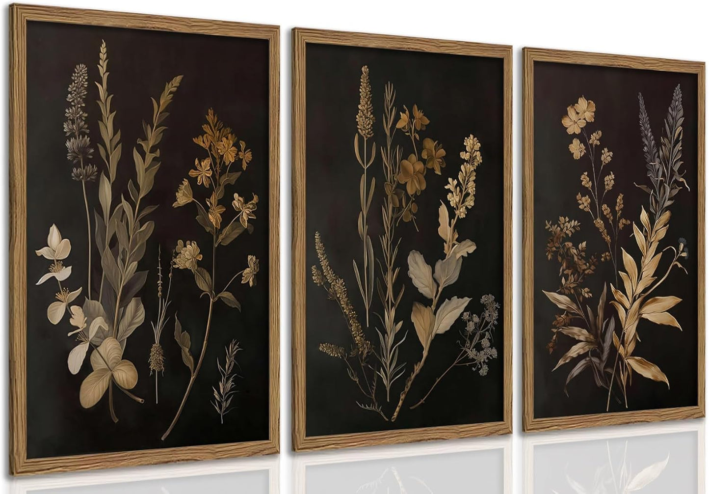 Yudinbin Vintage Dark Botanical Canvas Wall Art Set of 3 Moody Floral Prints with Wood Frame Dark Plant Academia Aesthetic Gallery Painting Wall Decor for Living Room Bedroom or Office 16x24 Inch