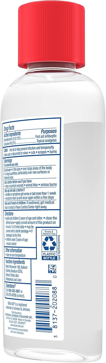 Band-Aid Brand Antiseptic Cleansing Liquid, First Aid Antiseptic Wash Relieves Pain & Kills Germs, with Benzalkonium Cl Wound Antiseptic & Lidocaine HCl Topical Analgesic, 6 fl. oz