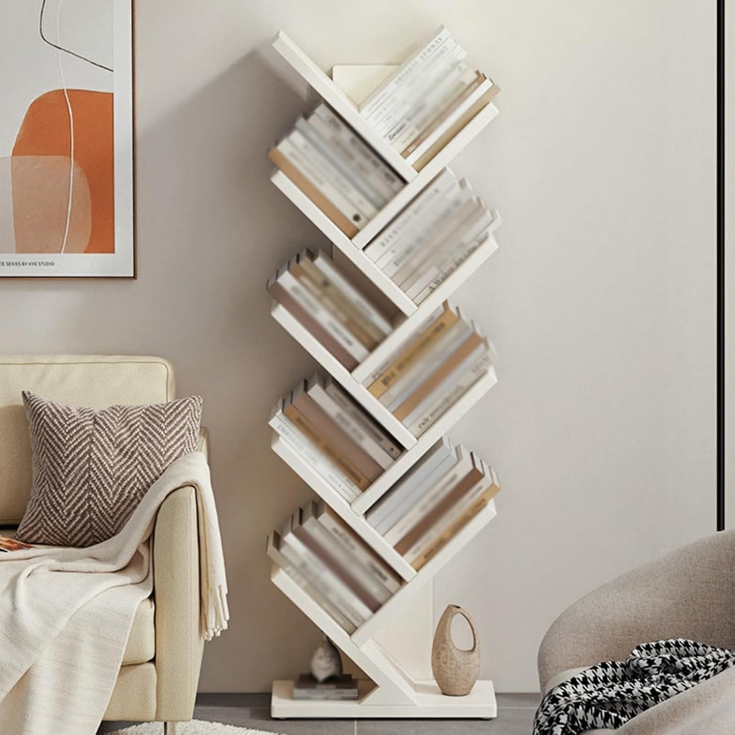 Tree Shaped Bookshelf, 5/7/9 Tier Solid Wood Bookcase, Floor Standing Storage Shelves for Living Room, Bedroom, Home Office, Modern Design (5 Tier: 44x20x81cm)