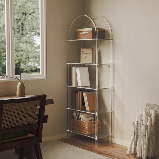 Acrylic Arched Bookshelf, 5-Tier Clear Bookcase, Modern Open Book Shelves for Home Office, Bedroom, Living Room, 11.8" D x 23.64" W x 65.7" H