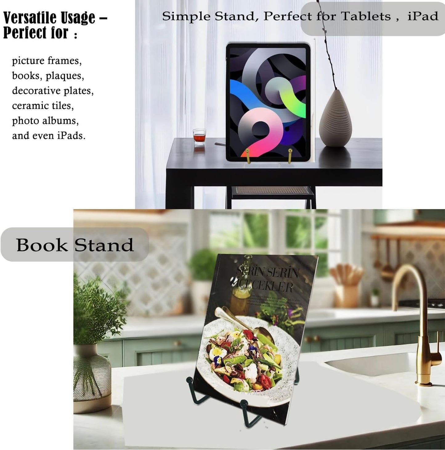 Plate display stand 3 Inch Gold 3‘’ & plate display holder4‘’ 4 Inch Black Metal Plated Kitchen Book Holder/Stand, Wire Metal Easel, Small Photo Stands for Table, Display for Picture Frames, Plaques, & Plates