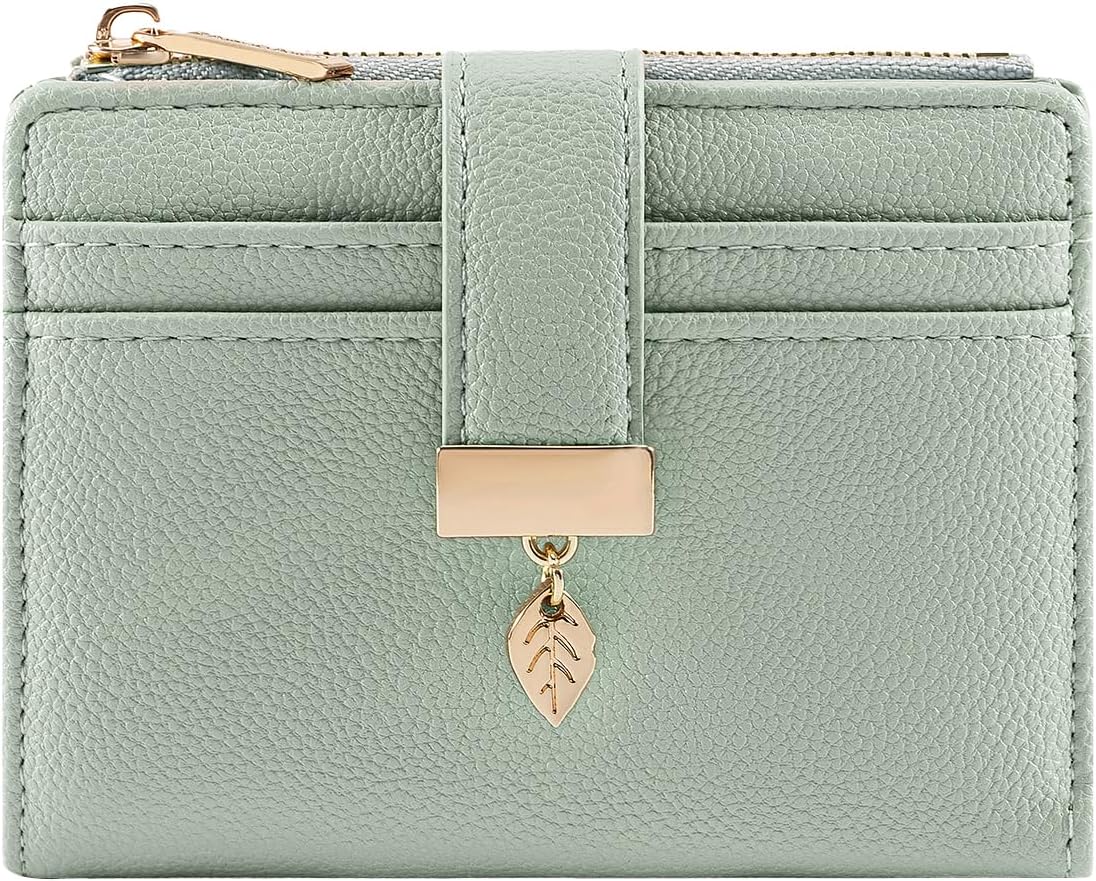 Pomelo Best Small Wallet Women RFID Blocking Bifold Soft Leather Card Holder with ID Window Zipper Coin Pocket Wallets for Women Green