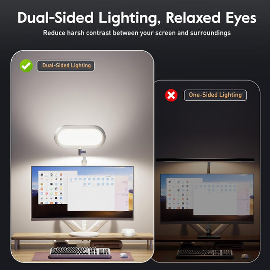 LED Desk Lamp for Home Office – Professional Double-Sided Lighting, Eye-Caring Computer Lamp with Knob Remote, Stepless Dimming & Color, Memory, for Zoom, Studying, Streaming & Video Conference, White