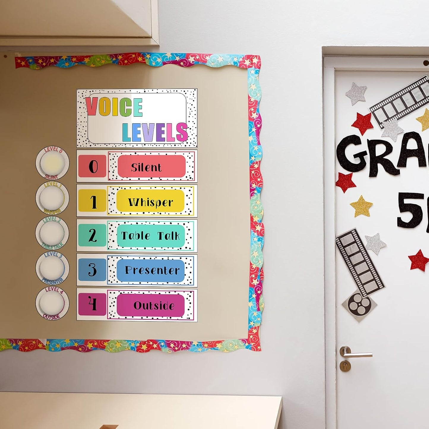 5 Pcs School Push Light and Voice Level Poster Sticker LED Tap Light Voice Chart Battery Operated Button Lights Noise Level Monitor Rules Sign for Classroom Teachers(Colorful)