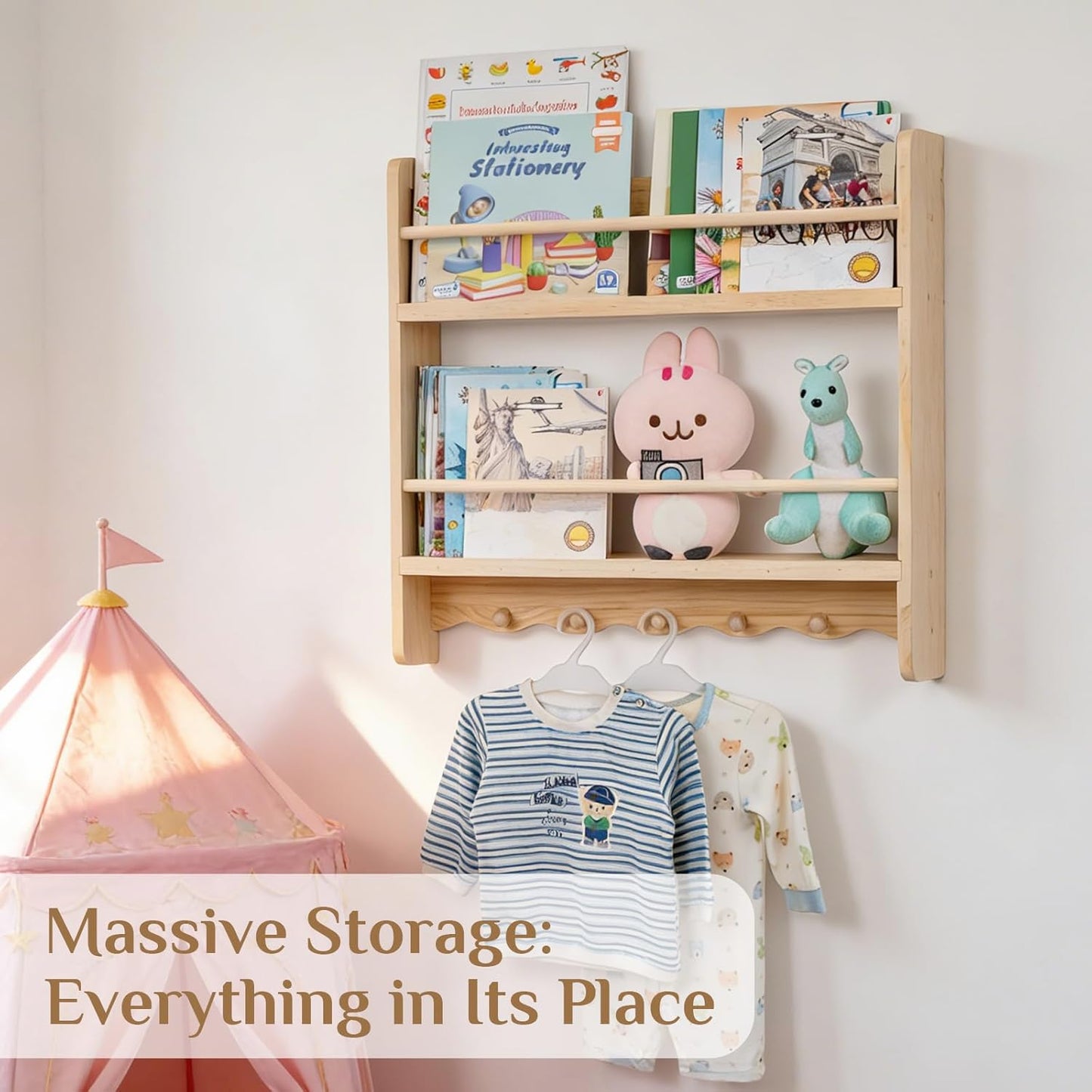 Large Nursery Bookshelf for Wall: 23.6inch 2-Tier Floating Book Shelves for Kids Toddlers Bedroom Solid Pine Wood Storage Organizer with Ledge Hooks Bar (Natural)