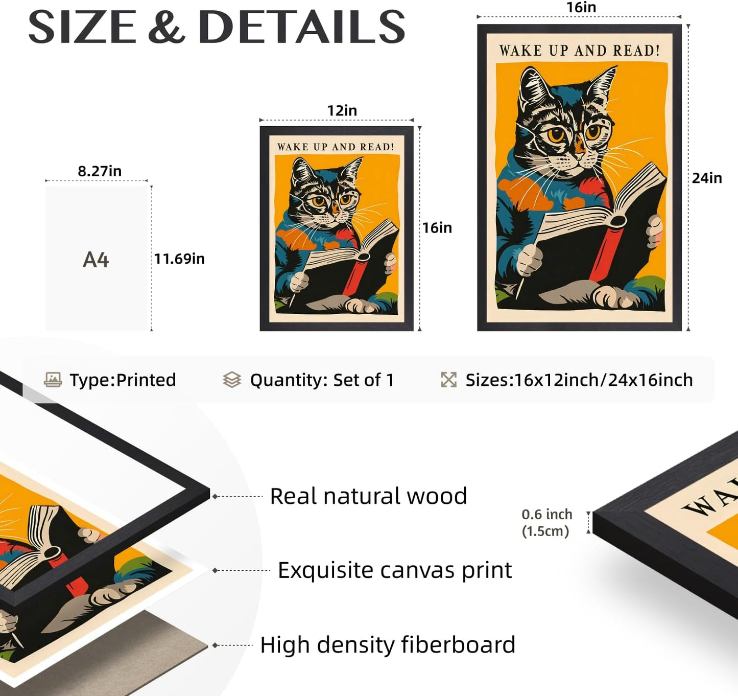 kilamino Wood Framed Funny Classroom Wall Art, Wake Up and Read Cat Wall Decor, Vintage Cute Animal Poster Print, Funny Reading Cat Canvas Painting for Library Classroom Bedroom School Office 16"x24"