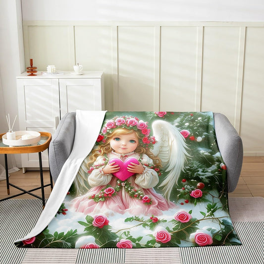 Erosebridal Cute Angel Blanket Throw 50x60, Romance Valentine'S Day Throw Blanket For Kids Girls Boys, Pink Love Flowers Couple Soft Fleece Blanket For Sofa Bed Couch, Floral Leaves Cozy Fuzzy Blanket