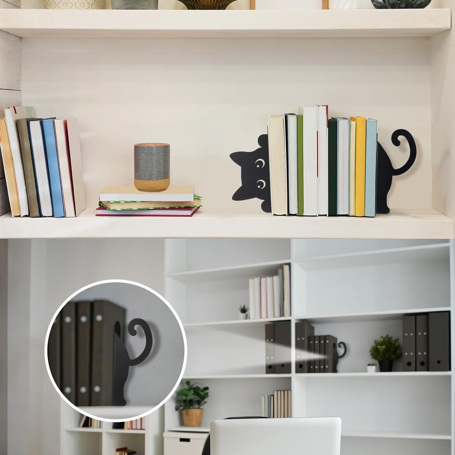 Geelin Peeping Cat Metal Bookends Set of 2 Cute Book Ends for Shelves Decorative Bookshelf Home Office Desk Bookshelf Decor Gift for Cat Lovers and Reading Enthusiasts