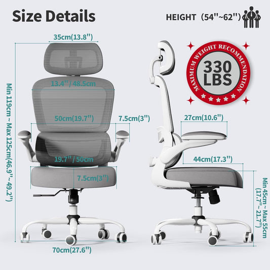 TRALT Office Chair Ergonomic Desk Chair, 330 LBS Home Mesh Office Desk Chairs with Wheels, Comfortable Gaming Chair, High Back Office Chair for Long Hours (White)