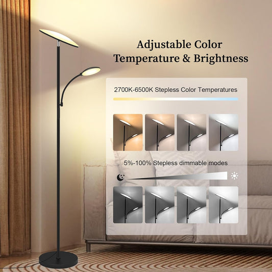 Floor Lamp, 2025 Upgraded 42W 4500LM Super Bright LED Floor Lamp with Rotatable Reading Light, Touch Remote Control & Memory Function, Stepless Dimmable Standing Lamp for Living Room Bedroom, Black