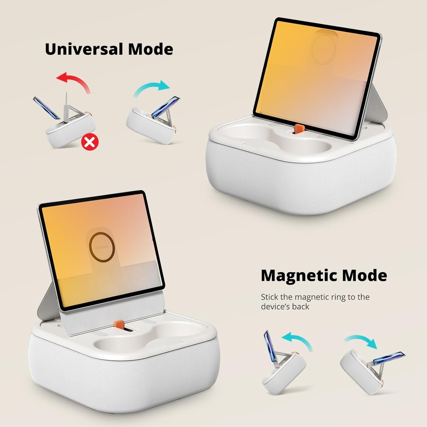 Magnetic Tablet Pillow Stand, Lap Tablet Holder with Two Magnetic Rings, Compatible with 4-13" Phones, Tablets, Kindle, Cozy Pillow Stand for Lap, Desk, Bed, Pale Gray
