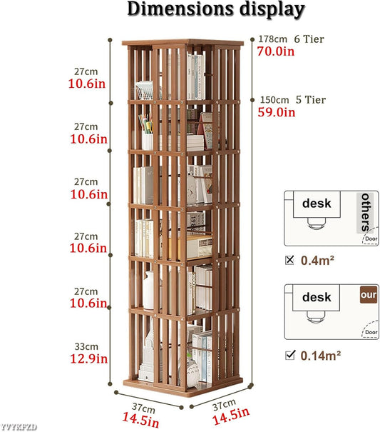 YVYKFZD Rotating Bookshelf, Bamboo Revolving Bookcase, Narrow 360° Display Storage Rack, Floor Standing Corner Book Shelf Organizer, for Small Space, Bedroom, Study Room(Brown,6 Tier 14.5x14.5x70in)