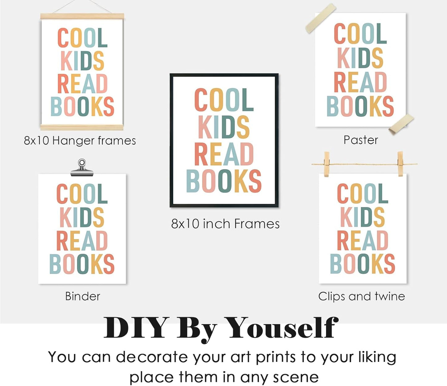 ULEGIE Cool Kids Read Book Wall Art Decor, Reading Corner Decor for Classroom, Let's Read Sign Wall Art Prints for Posters Kids Reading Nook Classroom Nursery Decor, Set of 4 8x10 Inch Unframed