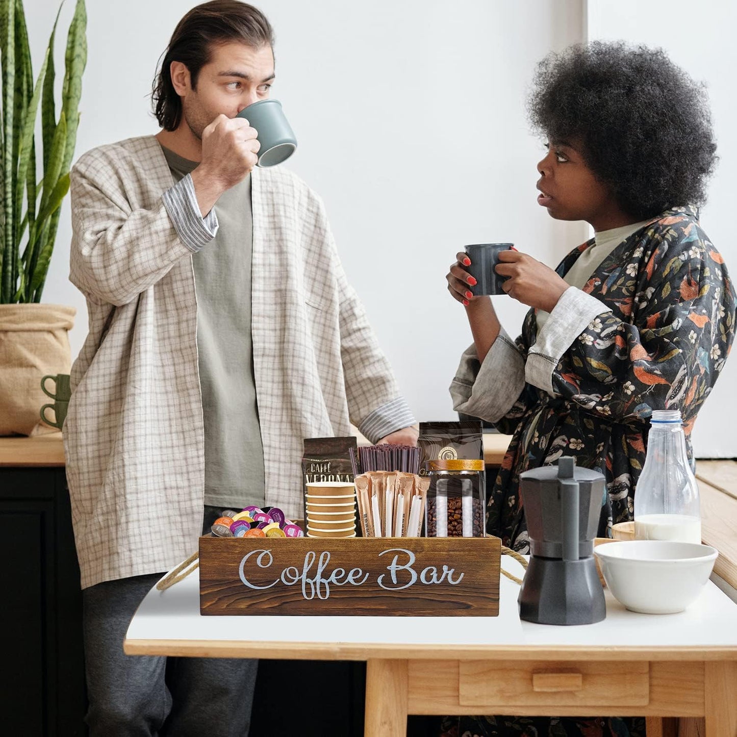 Coffee Station Organizer with Small Removable Dividers, Wooden Coffee Bar Accessories Storage For Countertop, Farmhouse Kcup Coffee Pod Holder Basket With Handle For Coffee Lover