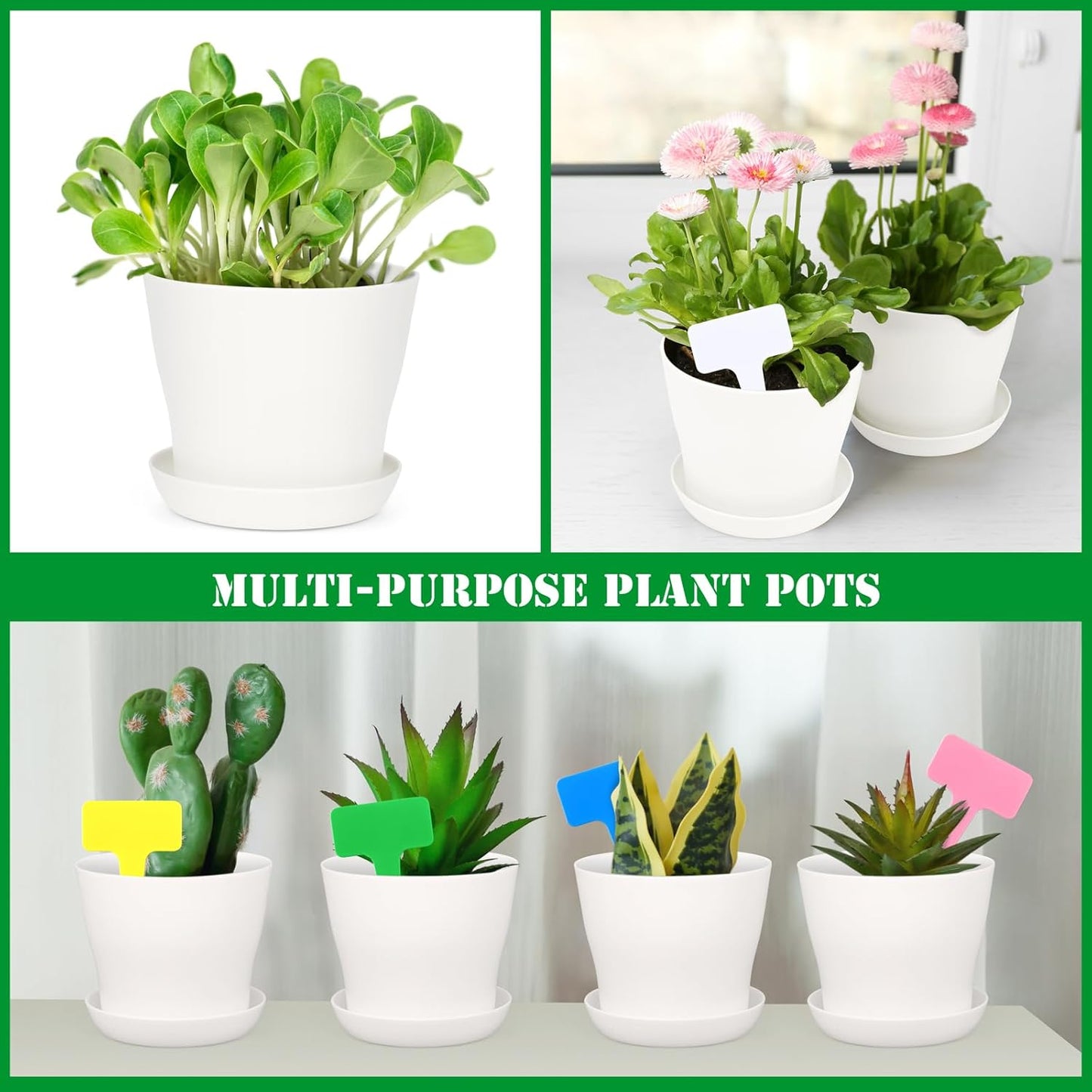 48 Pack Plastic Planters 4 Inch Flower Plant Pots Indoor Set Thickened Seedling Nursery Pots Seed Starting Pots with Drainage Holes Saucers, Mini Garden Tools for Home Office Garden, White