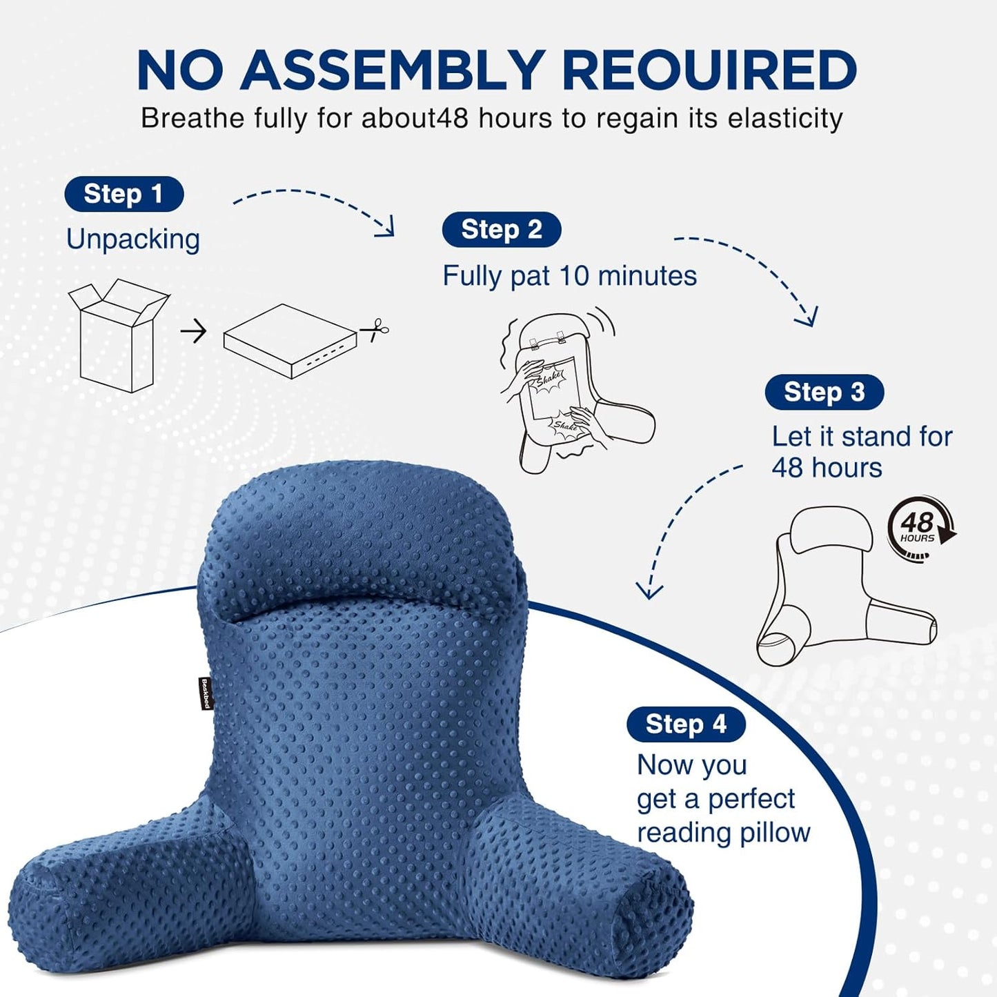 Reading Pillow for Sitting in Bed Couch Adult, Back Pillow for Bed Sitting Up, Back-Rest Support Cushion with Pockets and Arms, Watching TV, Relaxing, Reading, Navy Blue