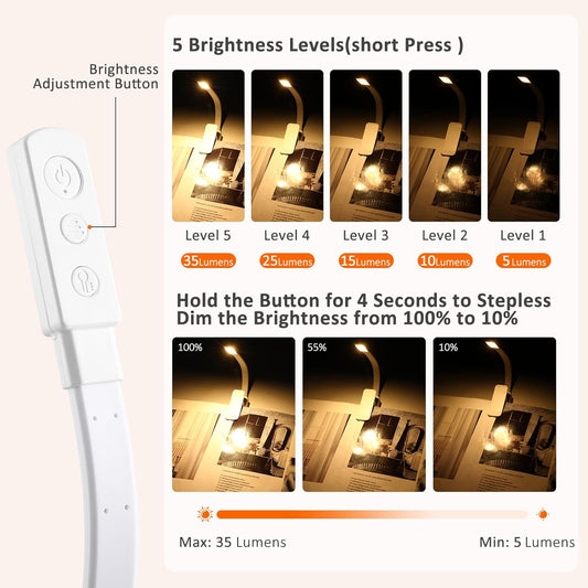 10 Pcs Clip On Reading Light, Rechargeable Book Light with 5 LED 3 Color Temperatures & Stepless Dimming, Portable Bed Lamp (White)