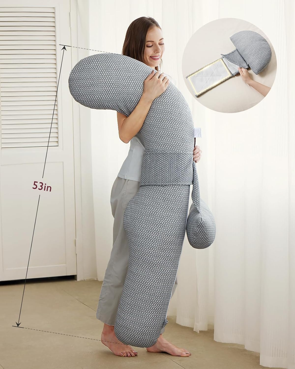 Momcozy Pregnancy Pillow, Original F Shaped Maternity Pillow for Pregnant Women with Adjustable Wedge Pillow, Full Body Support Pregnancy Pillows for Side Sleeping with Air Layer Cover, Grey