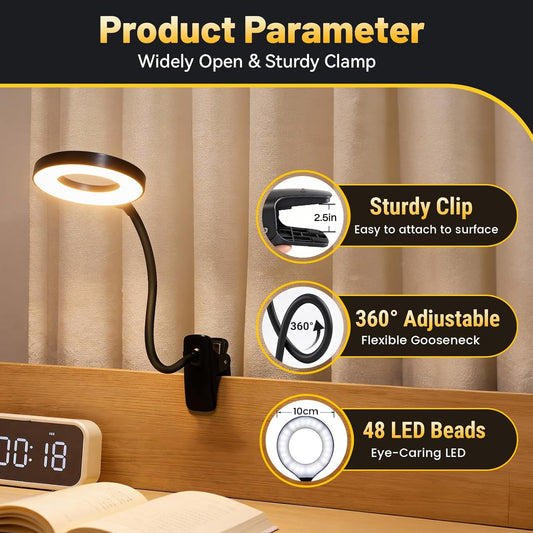 Clip on Reading Light for Bed Headboard, Rechargeable Battery with Large Clamp, 5 Colors & 5 Brightness Flexible Neck Desk Lamp, Eye Protection LED Touch Control Book Light for Kids, Bunk Bed, (Black)