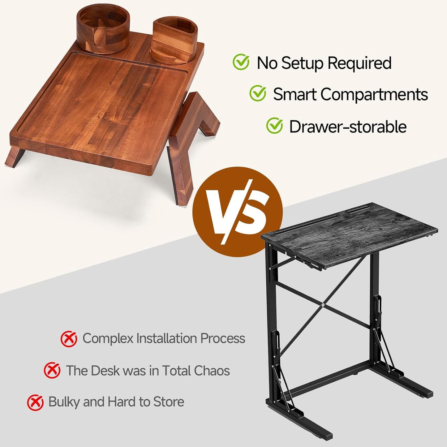 VANGONA Couch Armrest Table, Foldable Side Tray Table for Couch, 360°Rotating Cup & Phone Holder Tray, Anti-Slip Snack Caddy for Sofa, Bedroom, Living Room, Acacia Wood, for Mom, Dad