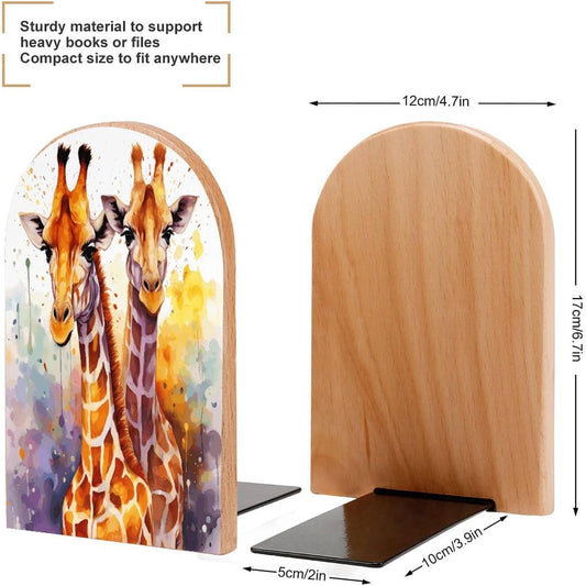 Watercolor Giraffes Bookend for Shelves Wooden Book End Large Size Sturdy Book Holders Stoppers with Metal Base for Bookshelves Slick Decorative Bookends Stands