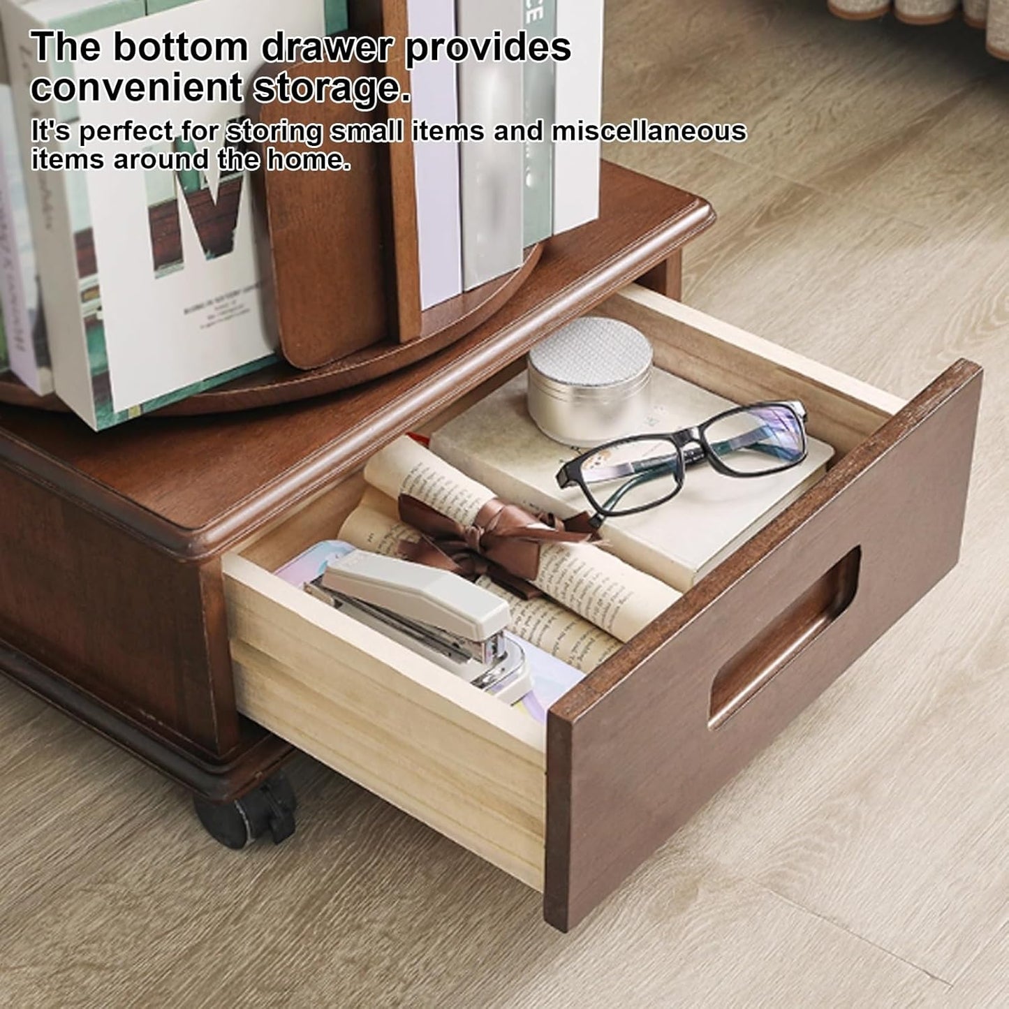 4/5/6 Rotating Bookshelf with Wheels 360 Degree Home Bookcase Living Room Full Solid Wood Floor Movable wall Shelf Suitable for Home Office Study(4th Floor)