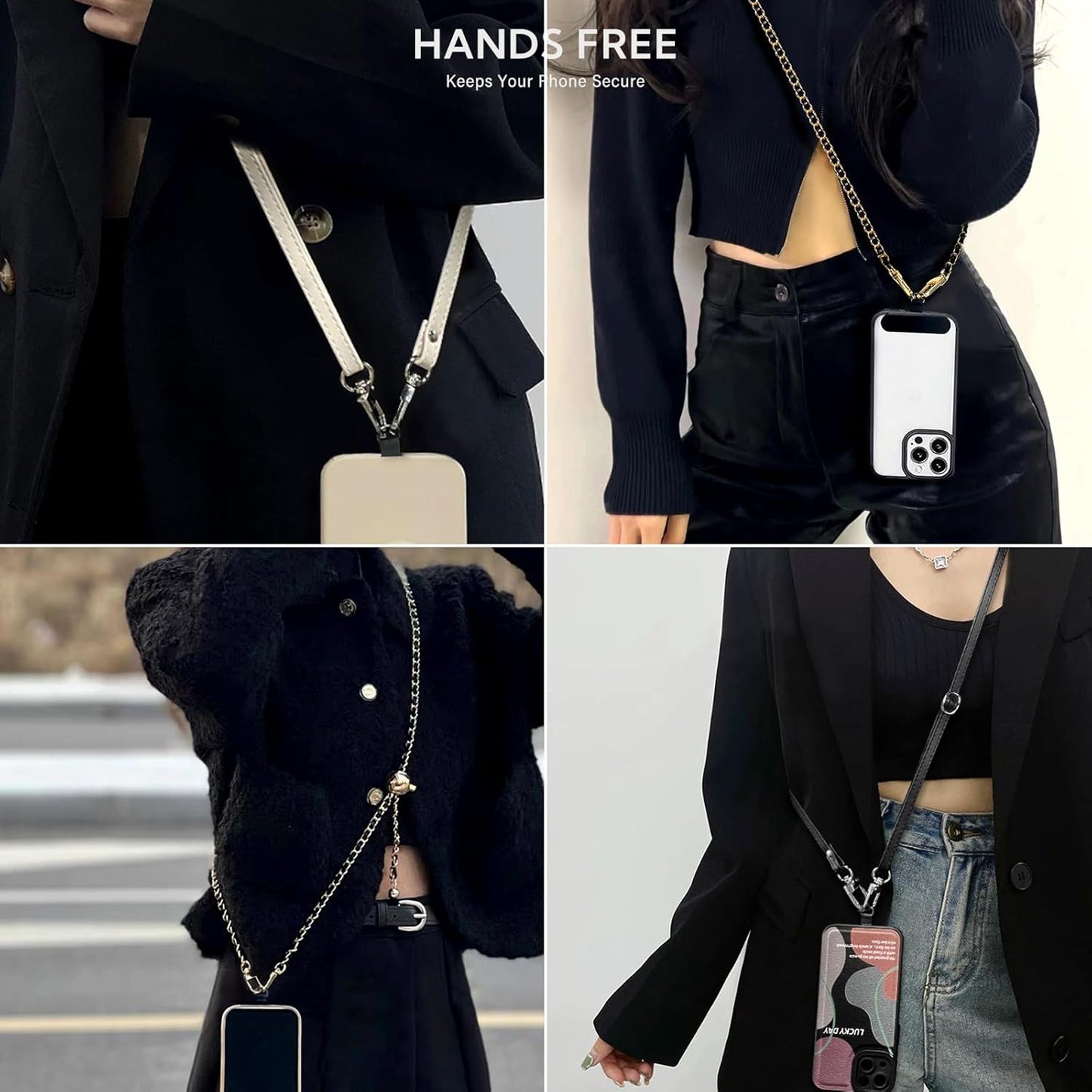 BFSDDM Crossbody Phone Strap - 2 Pads, Leather & Wrist Strap, Adjustable Finger Strap, Universal Phone Lanyard
