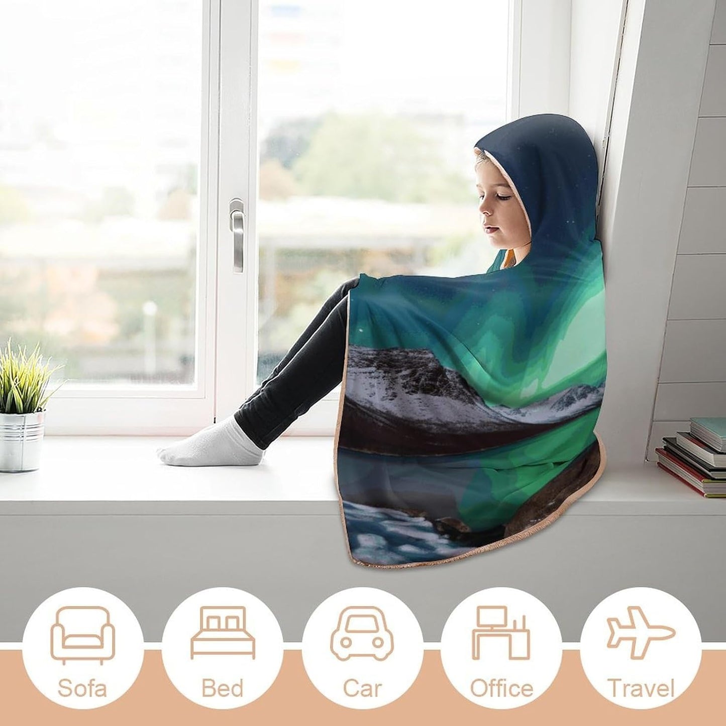 Fleece Wearable Blanket Hoodie Hands-Free Warm Cozy Oversized Aurora Borealis Blanket for Working Lounging