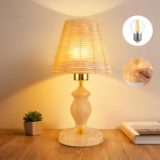 Rattan Table Lamp with Knob Switch, Seamless Dimming Bedside Lamp Wood Base, Small Nightstand Lamp for Bedroom, E26 Bulb Included