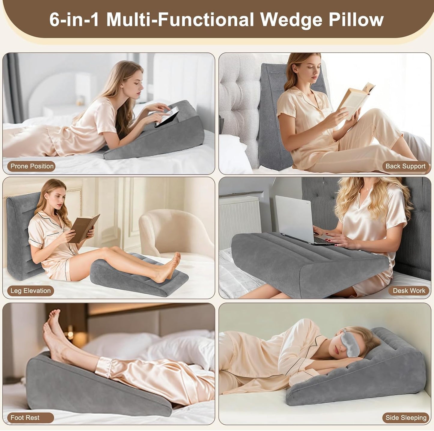 TheClover Inflatable Travel Wedge Pillow for Sleeping- Portable Bed Wedge with Eye Mask,Portable Neck & Back Support for Side Sleepers, Adjustable Air Cushion for Airplane, Car, Office (Grey)