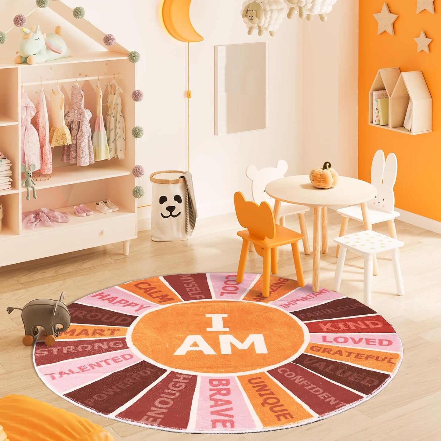 Boho Round Rug 4 Ft Retro Colorful Sun Rainbow Positive Words Area Rug Soft Motivational Carpet for Back to School Classroom Home Kindergarten Dorm Bedroom Reading Nook Playroom Decor