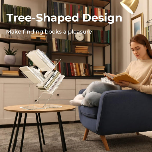 Small Shelf, 3 Tier Acrylic Mini Bookshelf, Tree Bookshelf for Tiny Home, Mini Book Shelf for Book/Cd/Movie Storage Cabinet/Room Corner/Office