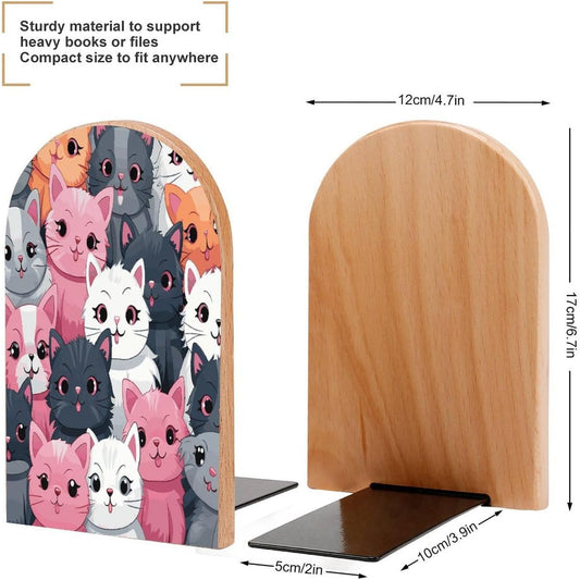Non-Slip Bookend for Shelves Cute Kittens Wooden Bookends with Metal Base Decorative Book Stopper for Home Heavy Duty Wood Book Storage for Books/CDs