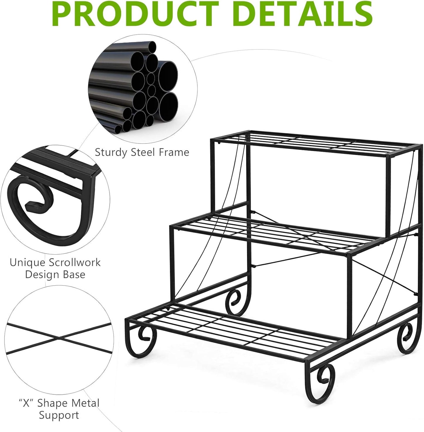 Giantex Tiered Plant Stand Outdoor, 3 Tier Metal Plant Stands for Multiple Plants w/ Curved Legs, Garden Shelf Flower Pot Holder Storage Organizer Rack for Indoor Outdoor Garden Balcony Porch