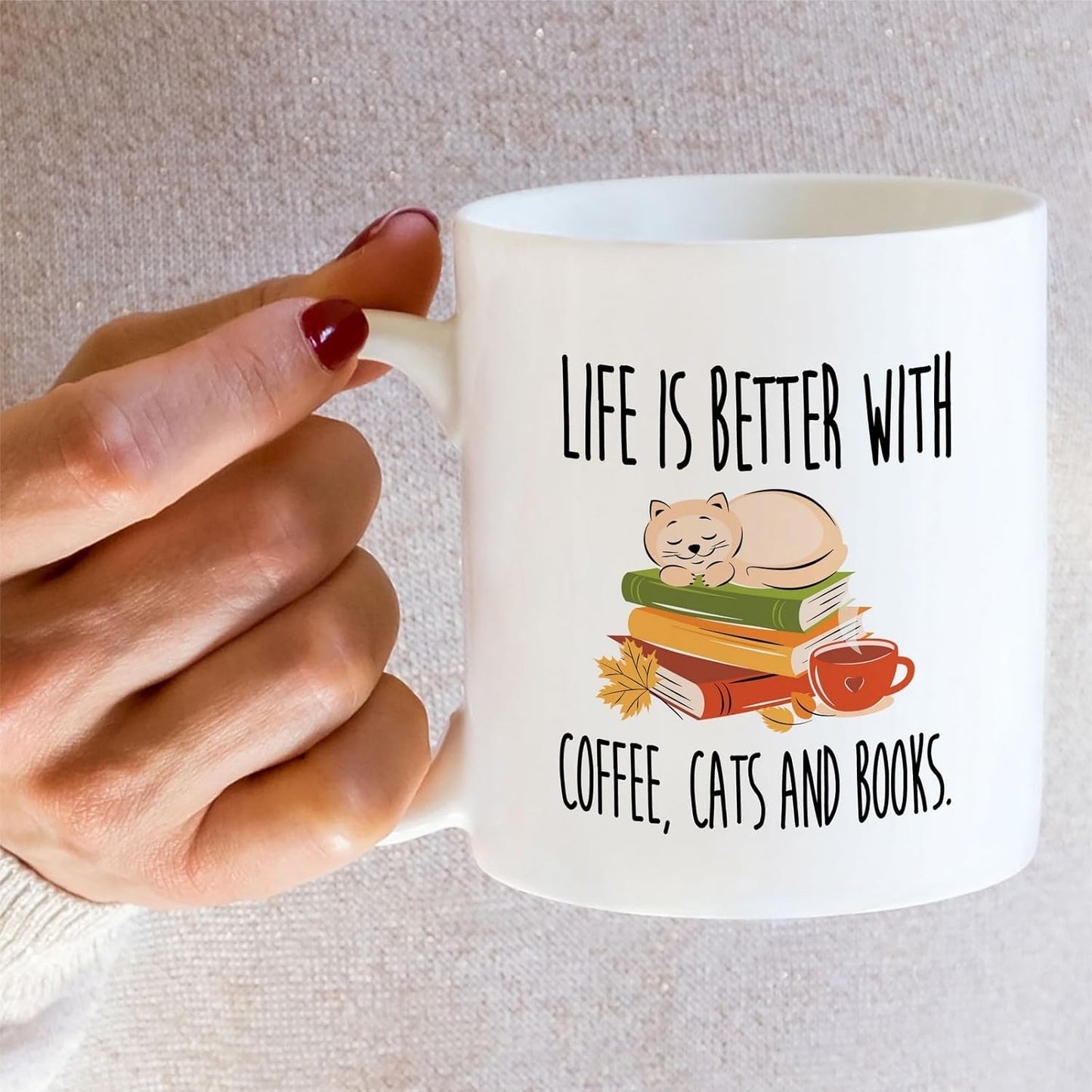 Retreez Funny Book Lover Mug - Life is Better With Coffee, Cats and Books Mug - 11 Oz Ceramic Coffee or Tea Cup - Hilarious Birthday Gift for Cat Lovers, Bookworms, Book Reader, Bookish, Coworker, Mom
